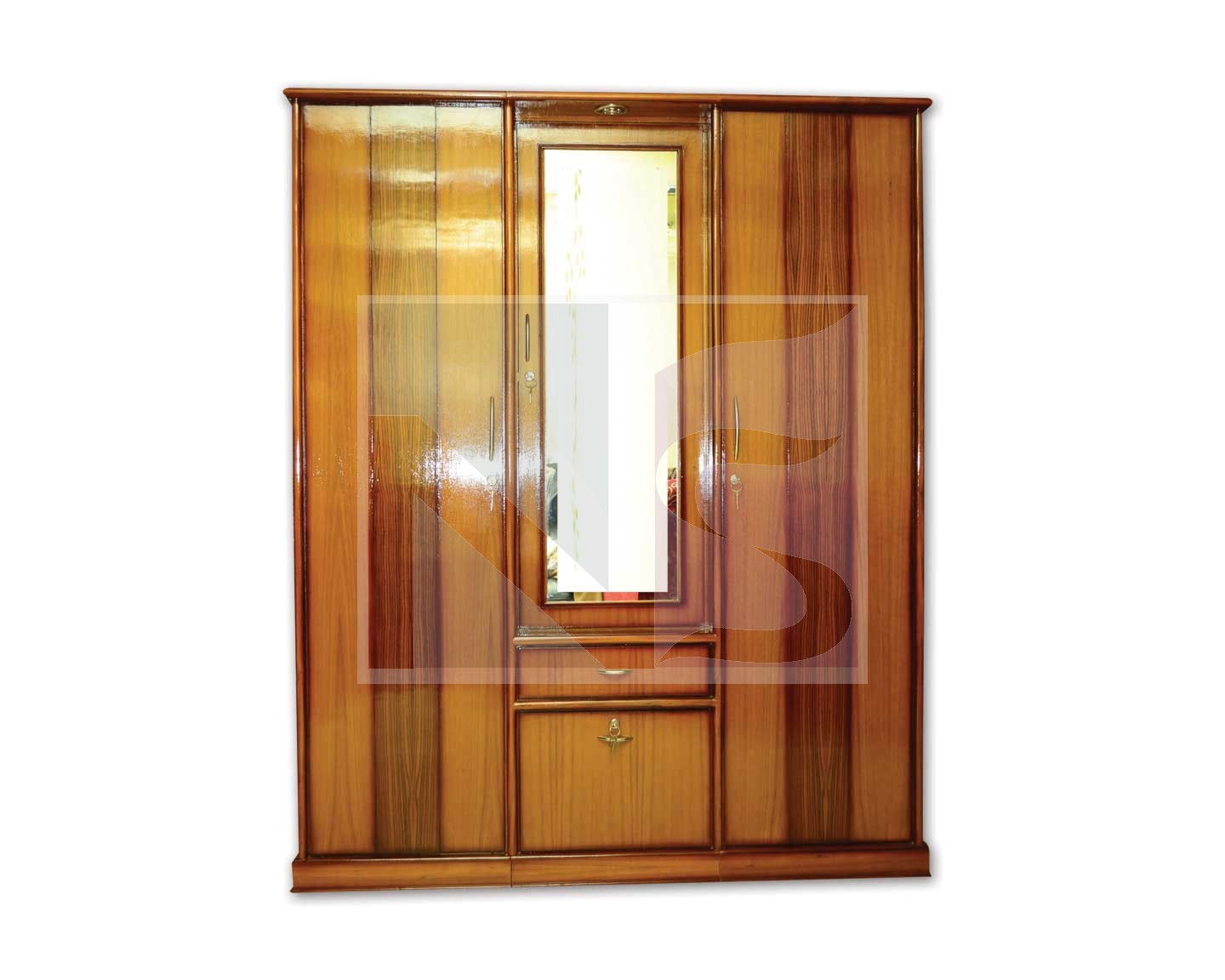 Three Door Wardrobe With Mirror And Front Drawer